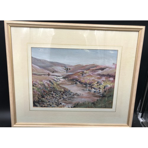 1076 - Graham Smith framed watercolour. Country scene with game birds and huntsmen, signed lower right. Pic... 