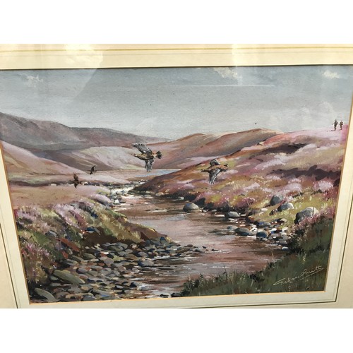 1076 - Graham Smith framed watercolour. Country scene with game birds and huntsmen, signed lower right. Pic... 