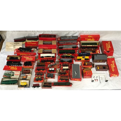 740 - Triang 00 gauge boxed plastic model railway selection of coaches, goods wagons, buildings and engine... 