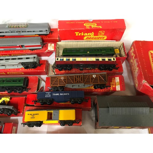 740 - Triang 00 gauge boxed plastic model railway selection of coaches, goods wagons, buildings and engine... 