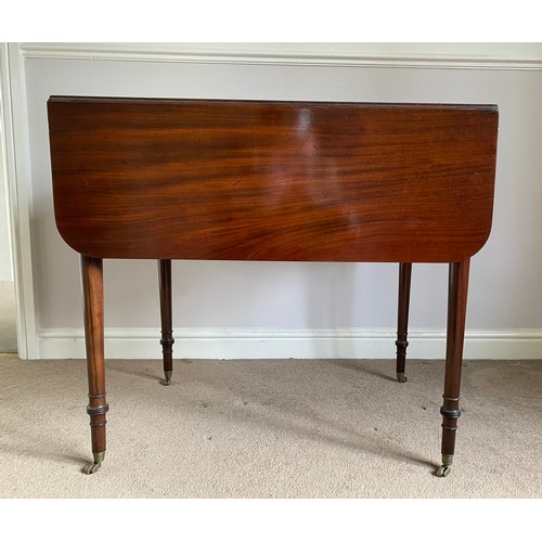 1251 - A 19thC mahogany Pembroke table on turned legs and brass castors. Open 108 w x closed 56 w x 71 h x ... 