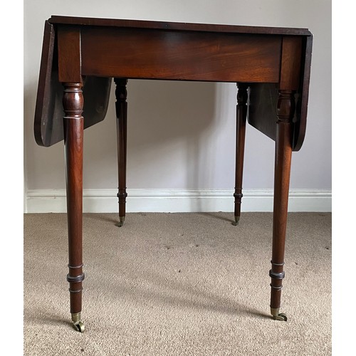 1251 - A 19thC mahogany Pembroke table on turned legs and brass castors. Open 108 w x closed 56 w x 71 h x ... 