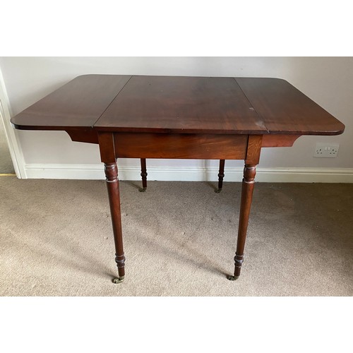 1251 - A 19thC mahogany Pembroke table on turned legs and brass castors. Open 108 w x closed 56 w x 71 h x ... 