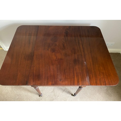 1251 - A 19thC mahogany Pembroke table on turned legs and brass castors. Open 108 w x closed 56 w x 71 h x ... 