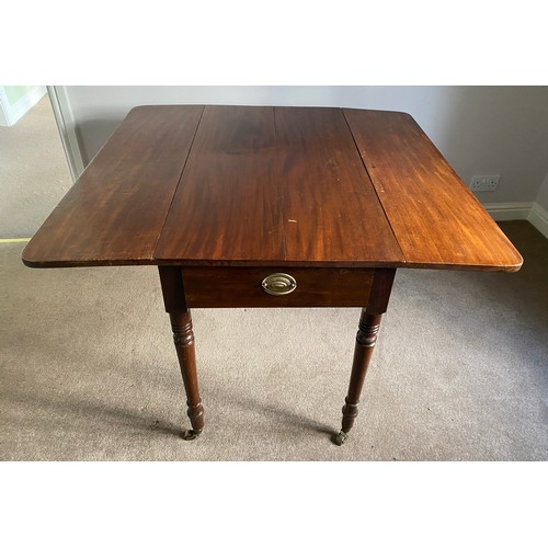 1258 - A Pembroke 19thC mahogany table with turned legs, brass castors and drawer to one side. Open 107 w x... 