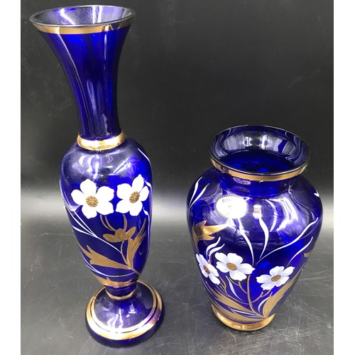 209 - Blue and white pottery and glassware to include 2 pieces of  Bohemian glass floral painted vases, ta... 