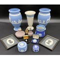 A selection of Wedgwood Jasper ware to include a pair of vases 20cm h, 3 lidded trinket pots, jar,a ... 