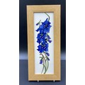 Moorcroft Delphinium framed plaque by Kerry Goodwin and monogrammed to base SP. Frame 36 x 15.5cm.