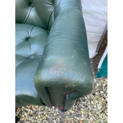 1266 - A green leather button back swivel tub armchair. Height to seat 48cm, to back 98cm, width 76cm.