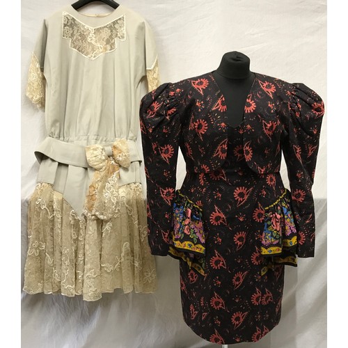 466 - Two 1980's dresses to include a Gina Fratini batique cotton jacket and matching strapless dress Uk s... 