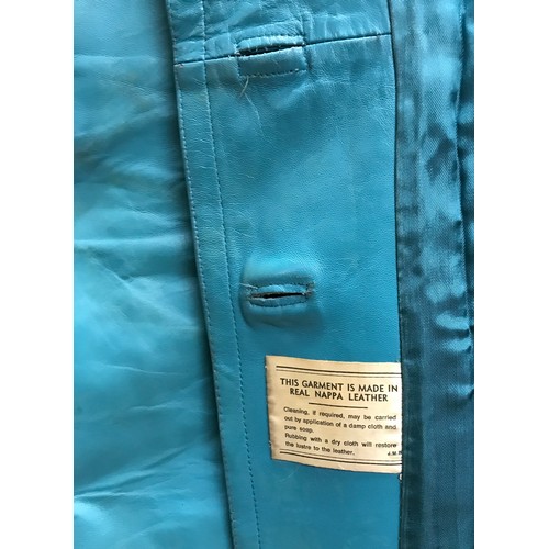 467 - A 1970’s turquoise leather ladies jacket made from Nappa leather, maker unknown. Size 64cm from armp... 