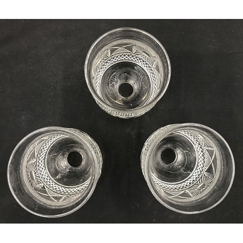 518 - Three matching cut glass light shades, 15cm l x 11cm d.