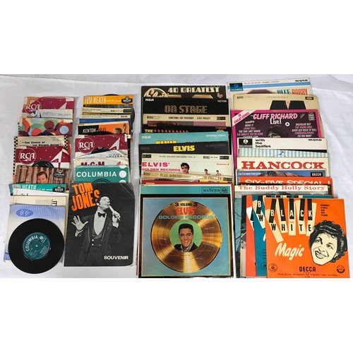 803 - A collection of LP’s in a carry case to include 29x 45 rpms: Elvis, Ted Heath, Jim Reeves, The Searc... 