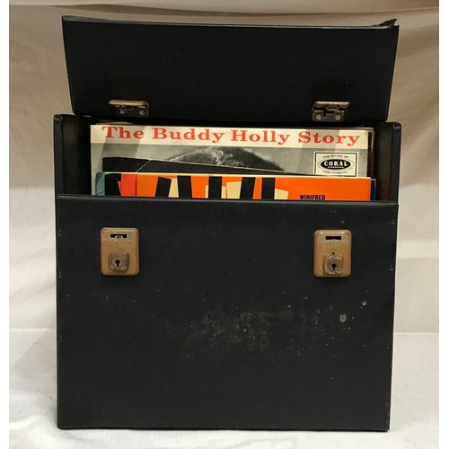 803 - A collection of LP’s in a carry case to include 29x 45 rpms: Elvis, Ted Heath, Jim Reeves, The Searc... 