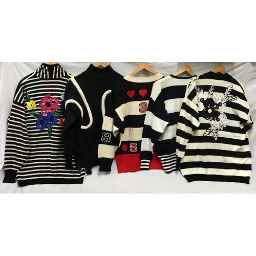 478 - A collection of 5 Escada 1980's knitted jumpers and cardigans of black and white design. Sizes from ... 