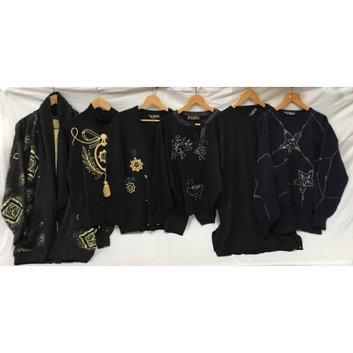 479 - Five Escada 1980's knitted jumpers and cardigans in dark tones. Sizes from left to right 36, 36, 40,... 