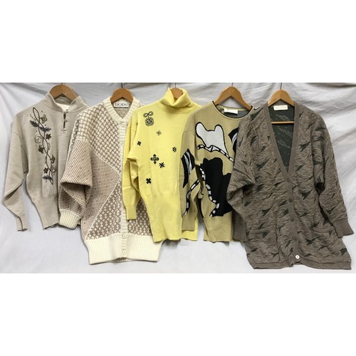 480 - Five Escada 1980's knitted jumpers and cardigans in cream/ yellow/beige tones, some with embroidery ... 