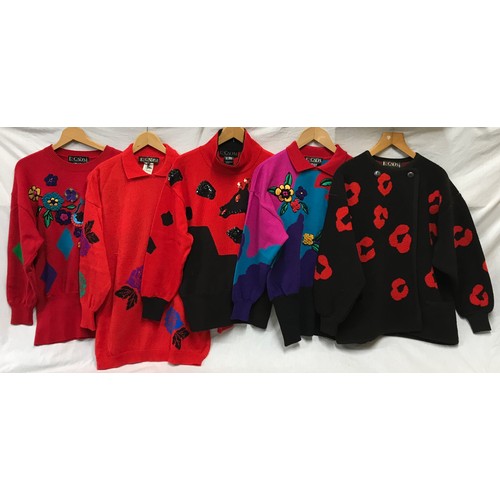 481 - A collection of 5 Escada 1980's knitted jumpers and cardigans of red and black designs. Sizes fro le... 