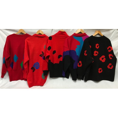 481 - A collection of 5 Escada 1980's knitted jumpers and cardigans of red and black designs. Sizes fro le... 