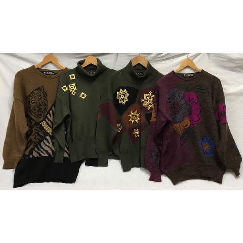 482 - Four Escada 1980's knitted jumpers in green and brown tones and colour inserts. sizes from left to r... 