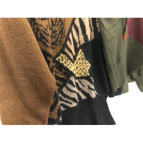 482 - Four Escada 1980's knitted jumpers in green and brown tones and colour inserts. sizes from left to r... 