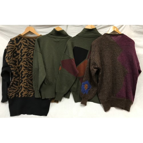 482 - Four Escada 1980's knitted jumpers in green and brown tones and colour inserts. sizes from left to r... 