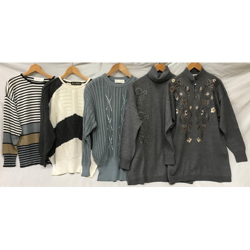 483 - Five Escada 1980's knitted jumpers and cardigans in grey tones with detailing. Sizes from left to ri... 