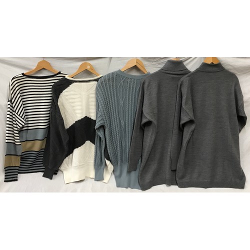 483 - Five Escada 1980's knitted jumpers and cardigans in grey tones with detailing. Sizes from left to ri... 