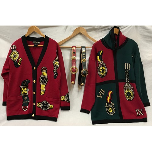 484 - Two Escada knitted jumpers and cardigans c 1980's, size 38 together with 2 green and red leather Esc... 