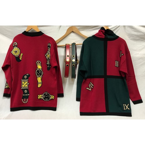 484 - Two Escada knitted jumpers and cardigans c 1980's, size 38 together with 2 green and red leather Esc... 