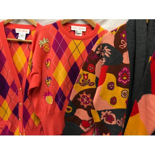 485 - Three twinsets by Escada in bright colours c1980's. Sizes 42, 40 and 38.