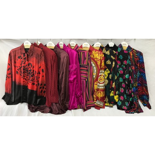 492 - Nine 1980's Escada silk shirts in red hues and various designs, clocks, floral etc. Sizes from left ... 