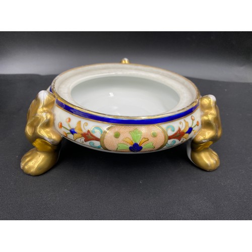 64 - A Noritake twin handled pedestal bowl with floral decoration. 11.5 x 31cm, tripod dish (no lid) 18cm... 