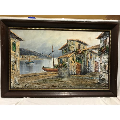 1084 - A large framed oil painting on canvas indistinctly signed, a Portuguese coastal scene with sail boat... 