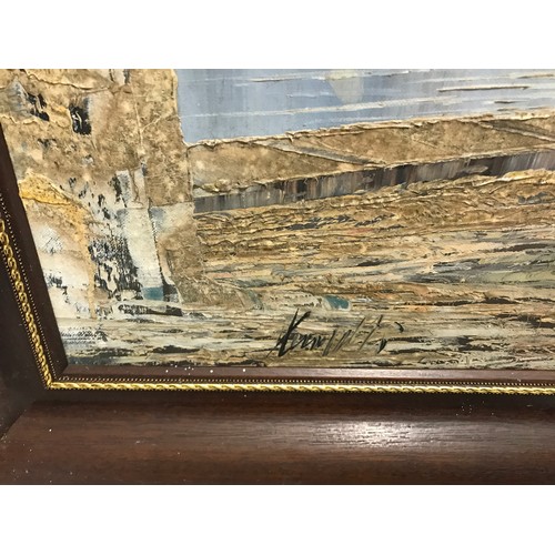 1084 - A large framed oil painting on canvas indistinctly signed, a Portuguese coastal scene with sail boat... 