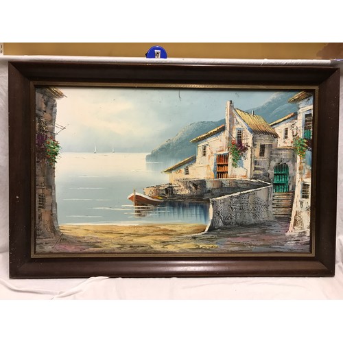 1085 - A large framed oil paining on canvas of Portuguese coastal village scene, indistinctly signed, canva... 