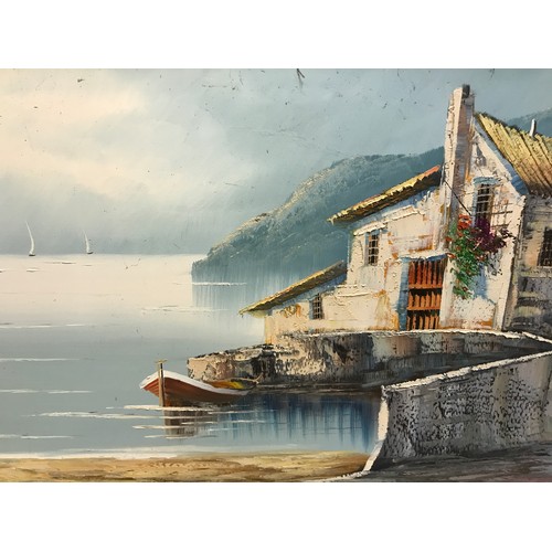 1085 - A large framed oil paining on canvas of Portuguese coastal village scene, indistinctly signed, canva... 