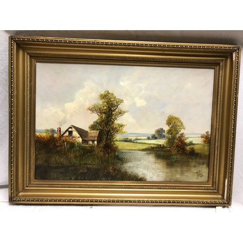 1087 - Joel Owen oil painting on canvas of river landscape with cottage on riverbank. Signed lower right da... 