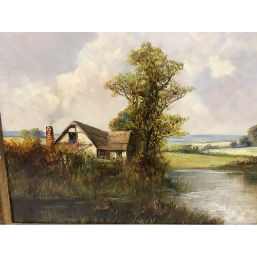 1087 - Joel Owen oil painting on canvas of river landscape with cottage on riverbank. Signed lower right da... 