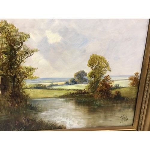 1087 - Joel Owen oil painting on canvas of river landscape with cottage on riverbank. Signed lower right da... 