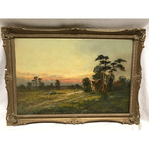 1088 - Joel Owen oil painting on canvas, gilt framed, signed lower left dated 1919 of country farmhouse wit... 