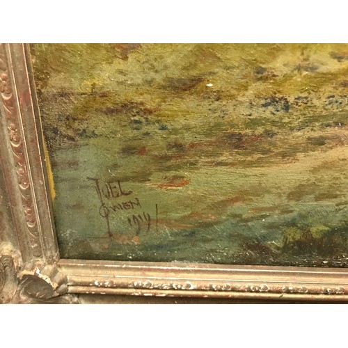 1088 - Joel Owen oil painting on canvas, gilt framed, signed lower left dated 1919 of country farmhouse wit... 