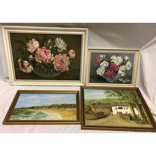 1095 - Four oil paintings on board to include two floral still life signed S. Lane, Peonies 39 x 56cm and M... 