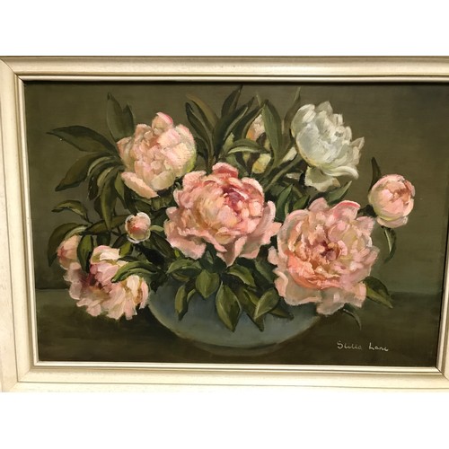 1095 - Four oil paintings on board to include two floral still life signed S. Lane, Peonies 39 x 56cm and M... 