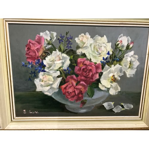 1095 - Four oil paintings on board to include two floral still life signed S. Lane, Peonies 39 x 56cm and M... 