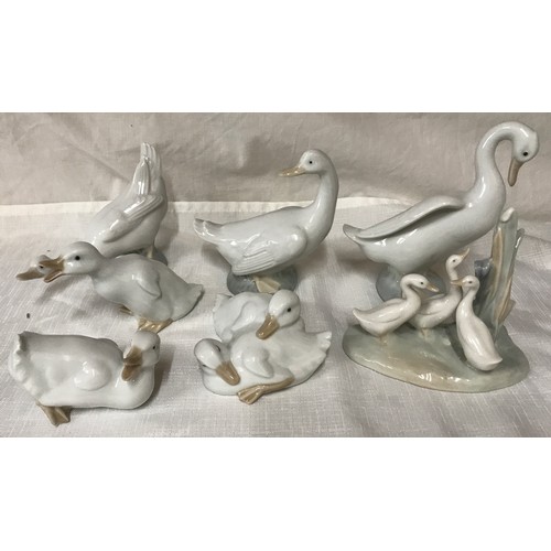 78 - A collection of 7 Nao Lladro geese. Largest 13cm h.