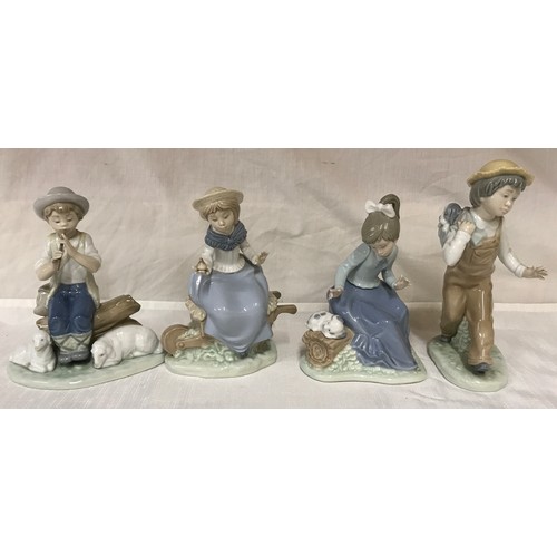 82 - Four Nao Lladro figurines: Shepherd Boy 18cm, Girl with bird in hand 18cm, Girl with puppy 17.5cm an... 