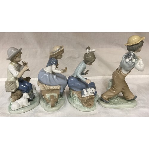 82 - Four Nao Lladro figurines: Shepherd Boy 18cm, Girl with bird in hand 18cm, Girl with puppy 17.5cm an... 