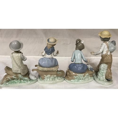 82 - Four Nao Lladro figurines: Shepherd Boy 18cm, Girl with bird in hand 18cm, Girl with puppy 17.5cm an... 