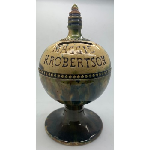 73 - Scottish pottery to include money box inscribed Maggie H Robertson 18cm h and Seaton pottery Aberdee... 